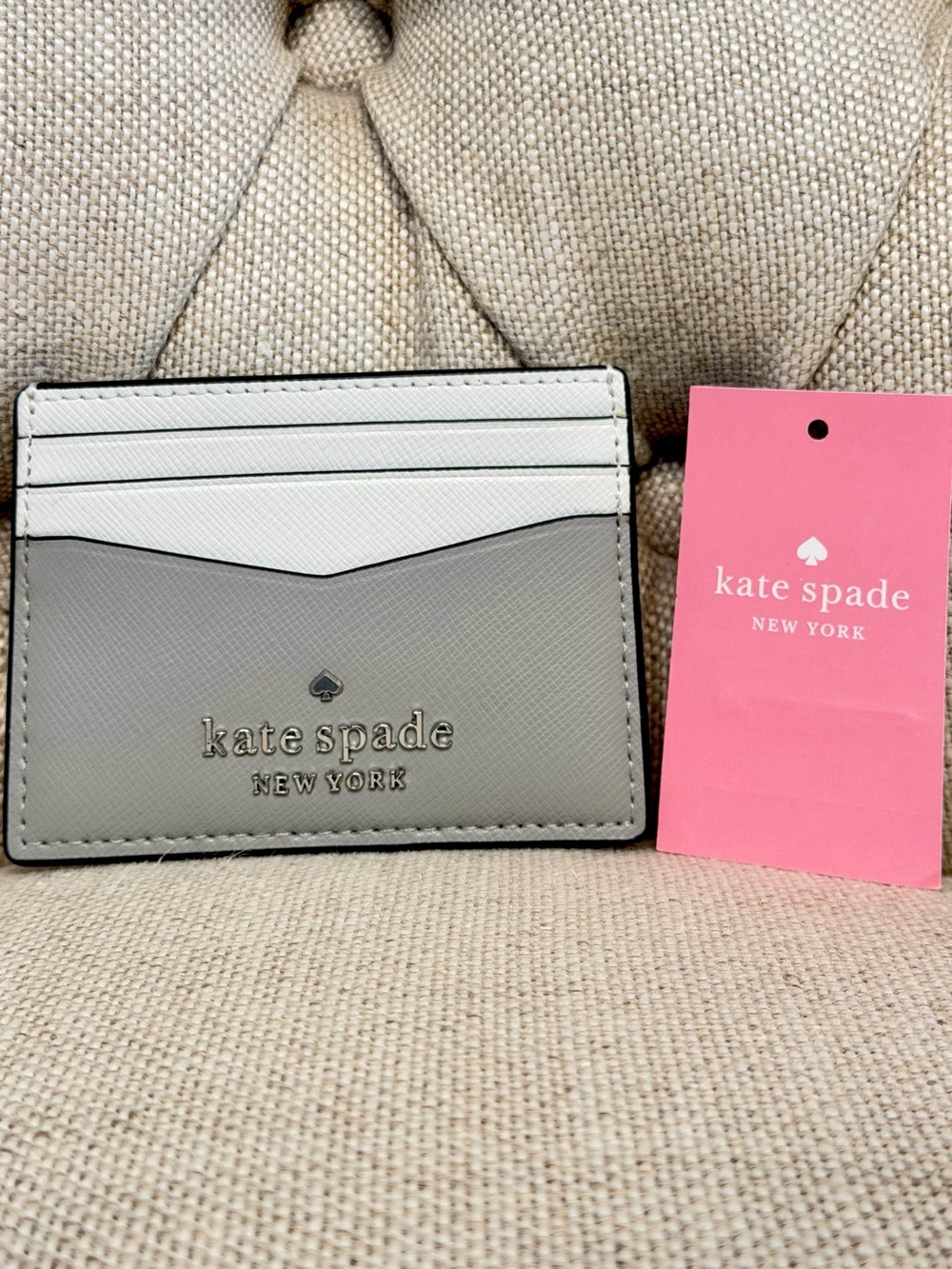 NEW Kate Spade Card Holder Case Staci Small Slim Colorblock Saffiano White Gray